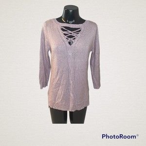 Soho New York And Company Pink Metallic  Lace Up Front Sweater. Size: S (a76)